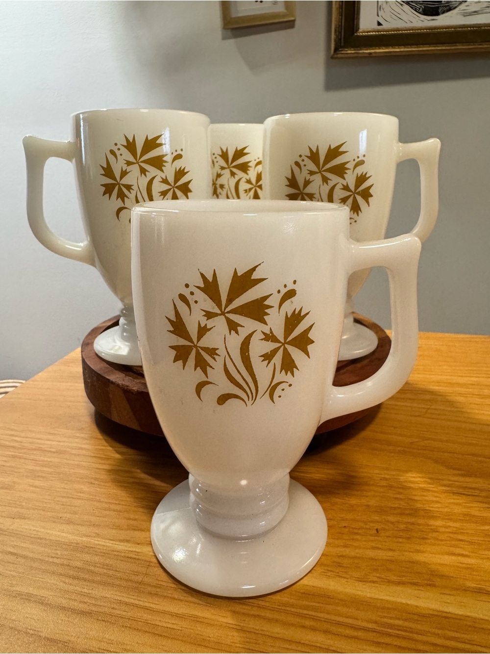 Mid Century Milk Glass Mug White Gold Vintage Florals Set of 4